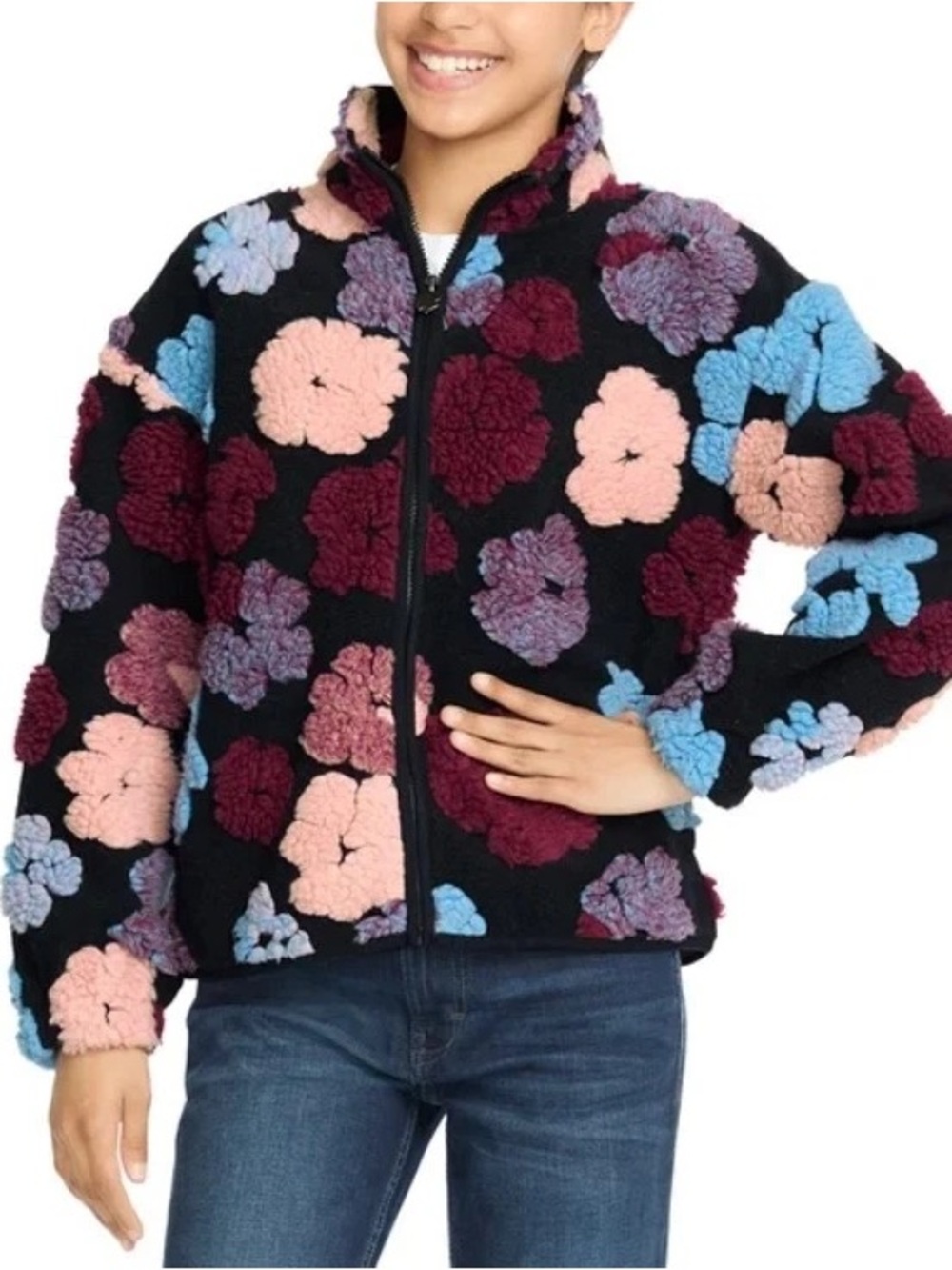 Lucky Brand Girl Youth Floral Shearling Sherpa Floral appliqué Zip Jacket Medium